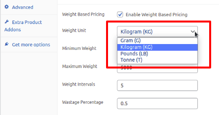putting the weight unit in woocommerce