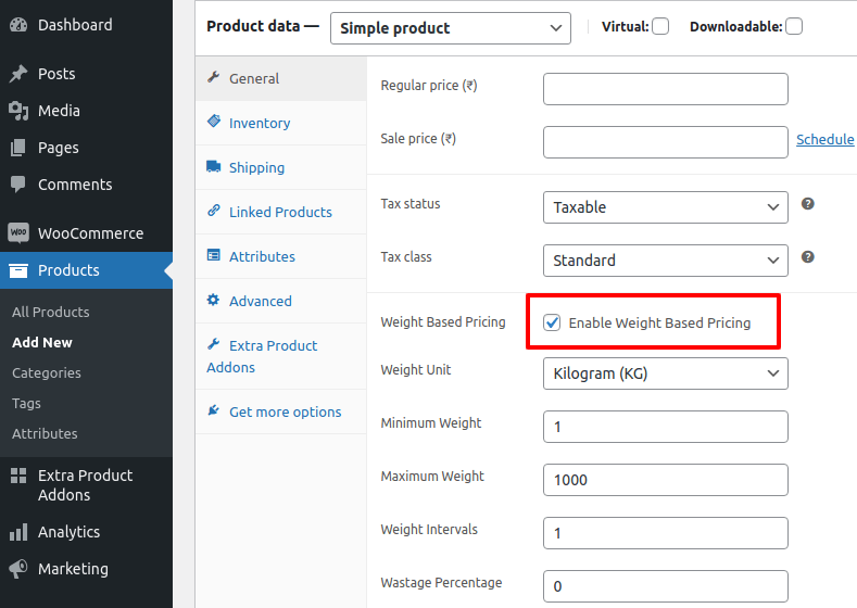 enabling the weight based pricing for woocommerce plugin