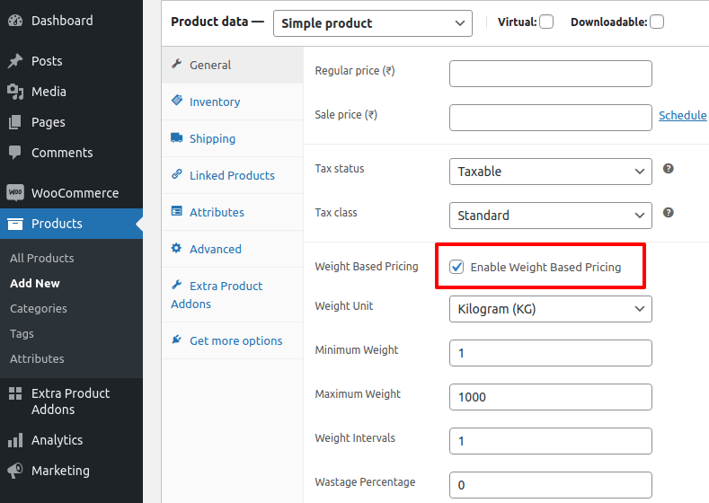 enabling the weight based pricing option on woocommerce