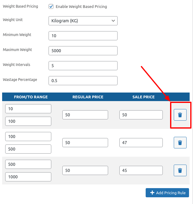 removing pricing rule field in woocommerce weight based pricing