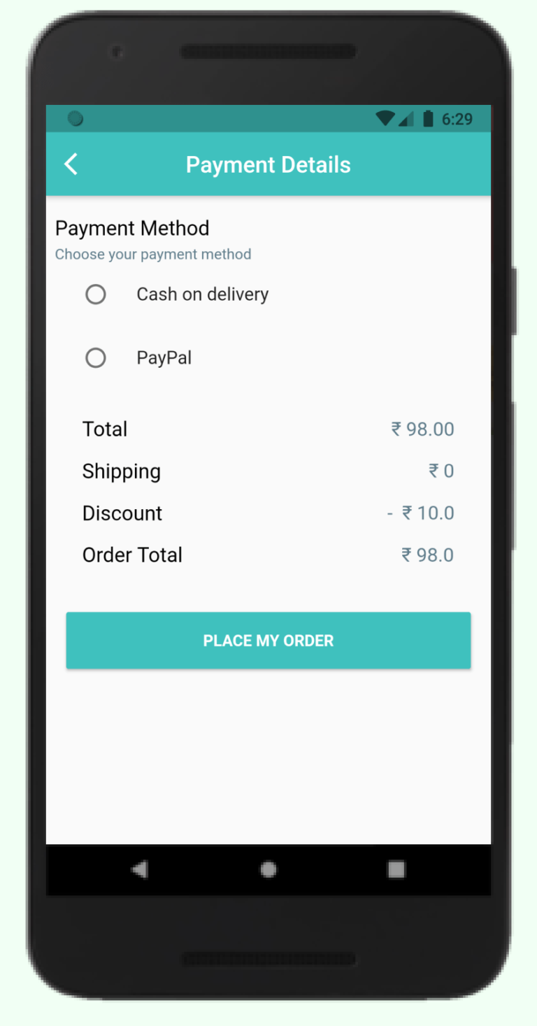 payment details page of bookstore mobile app