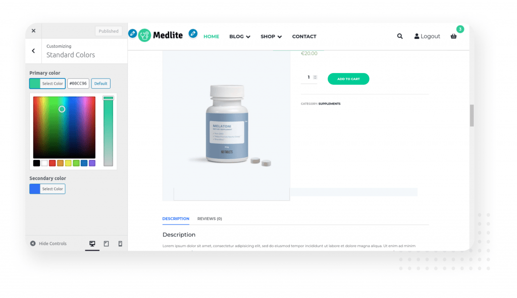 easily customizable options of medlite wordpress theme