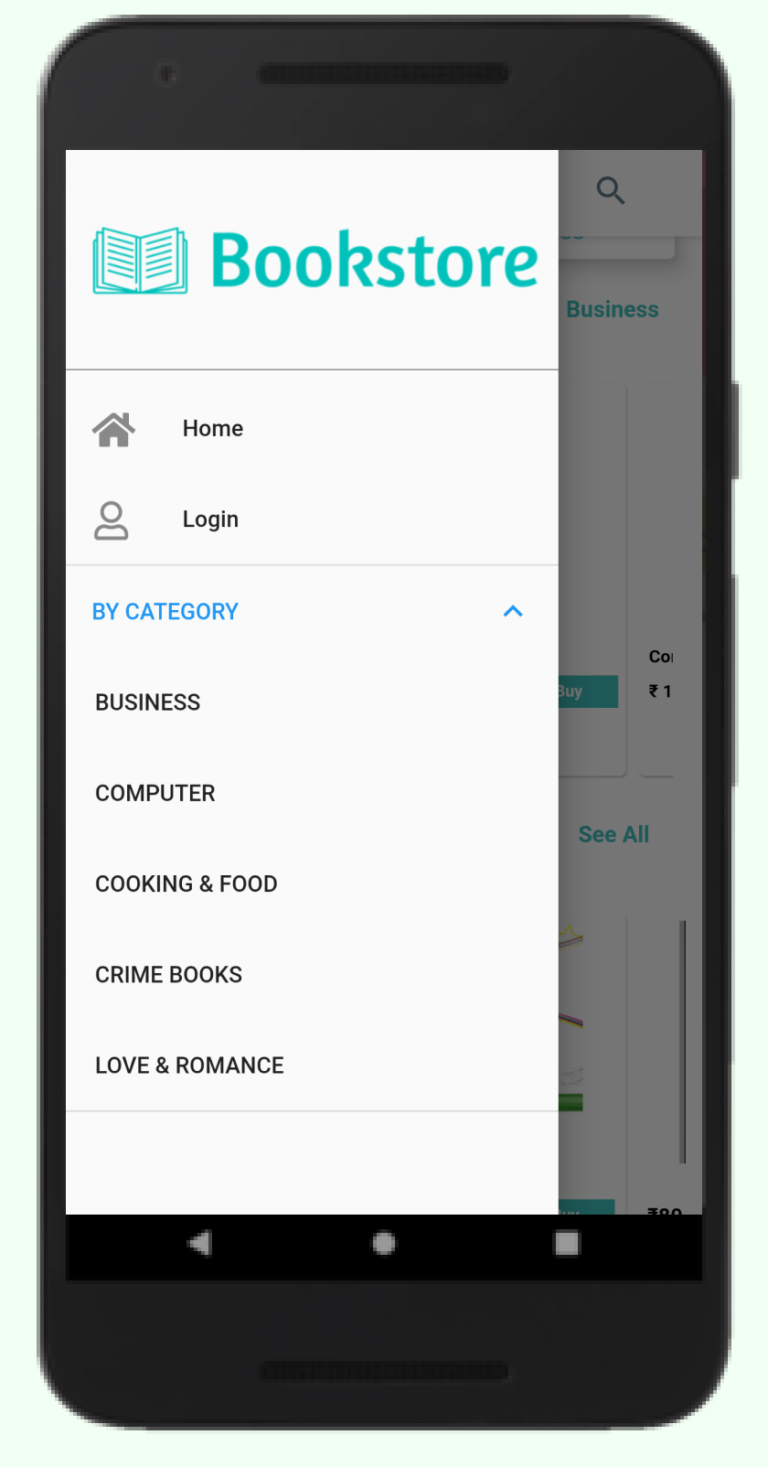menu page of bookstore mobile app