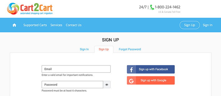 sign up page of cart2cart site