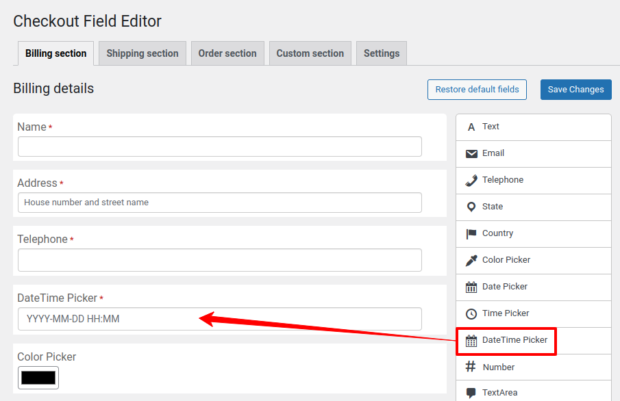 adding a datetime picker field to checkout form