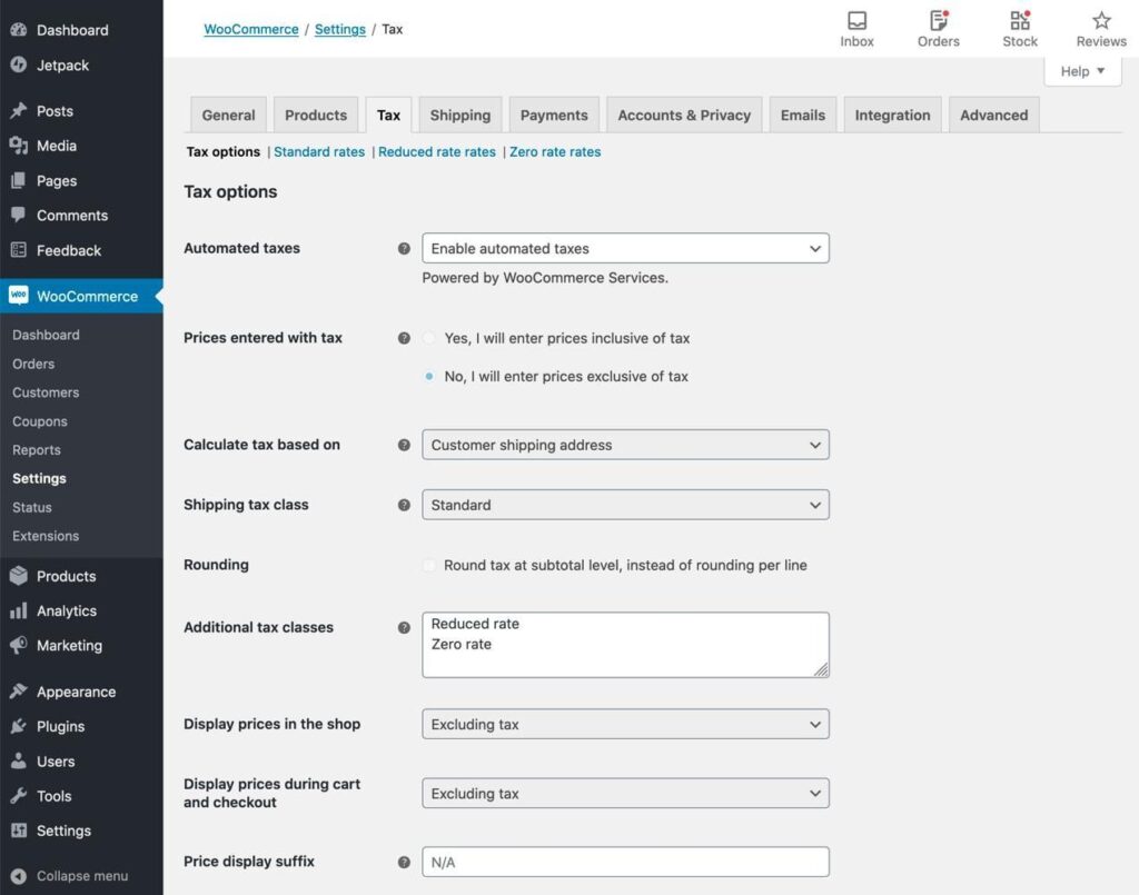 woocommerce tax options page