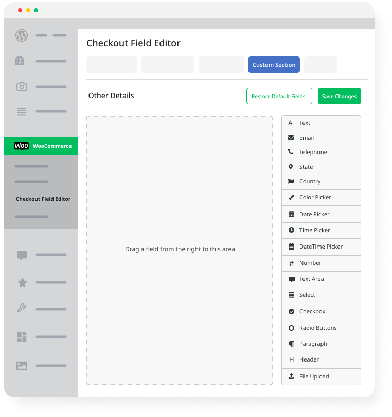 dashboard page of the checkout field editor and manager plugin
