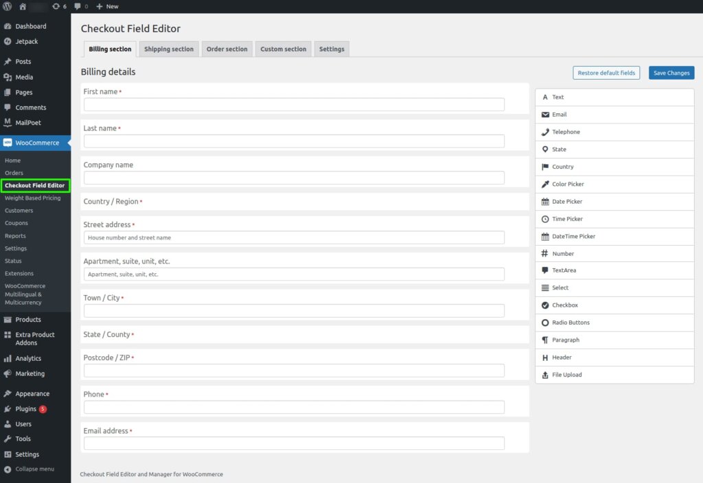 Dashboard of WooCommerce checkout field editor and manager with default checkout fields