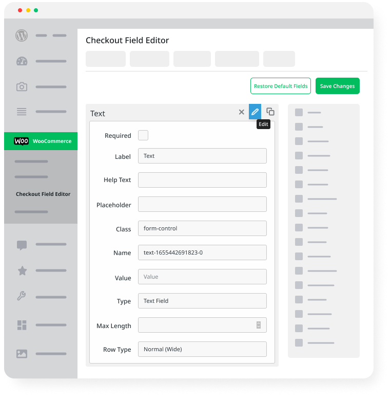 editing the default and custom checkout fields
