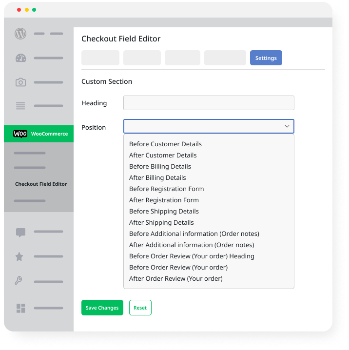 positioning sections on woocommerce checkout