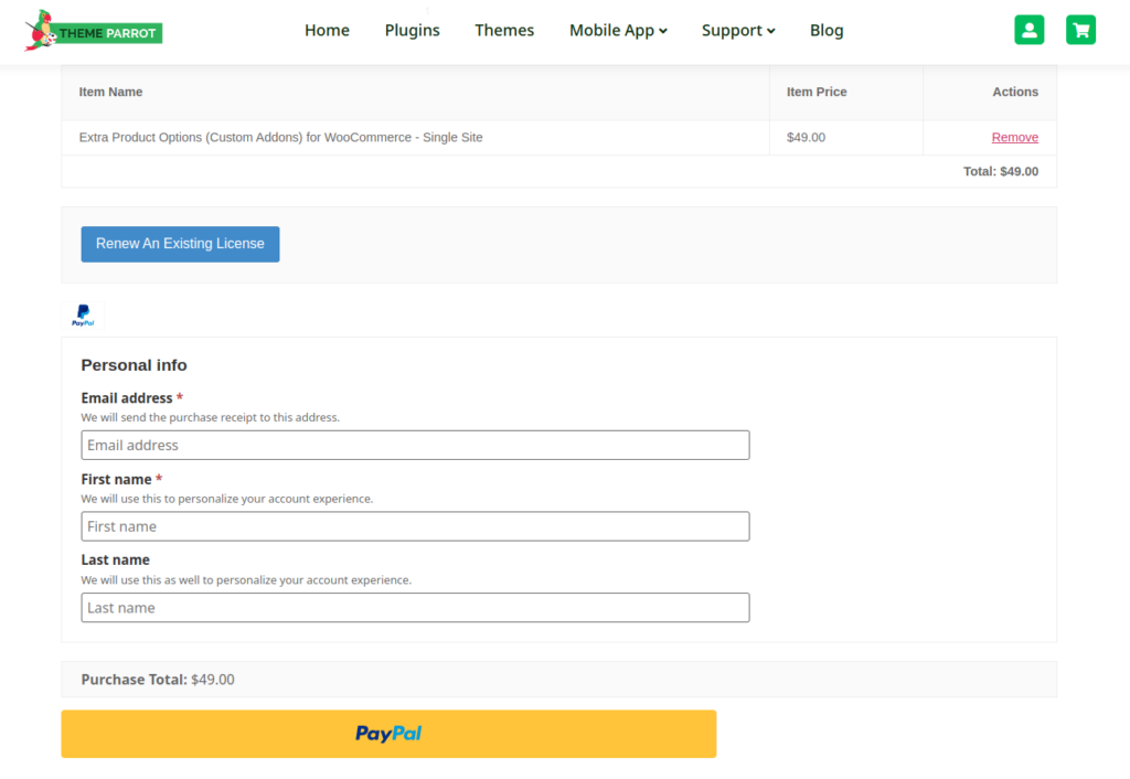 checkout page of cutom product addons plugin