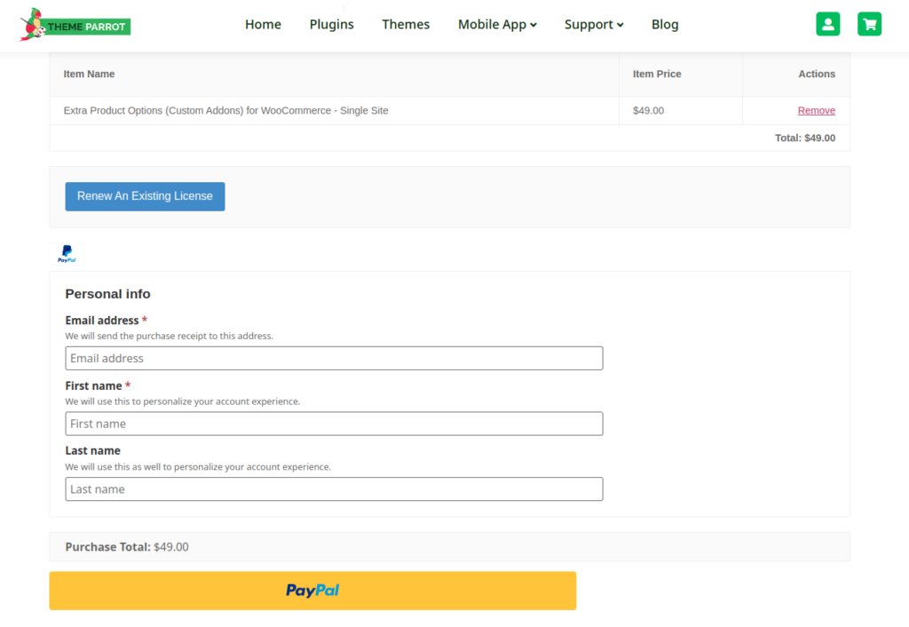 checkout page of extra product options plugin