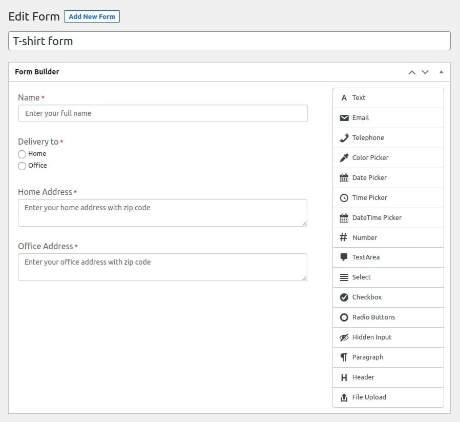 form page contains product fields