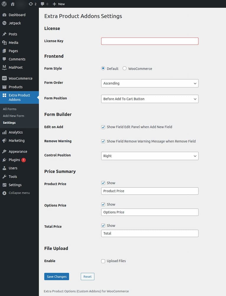 settings page of custom product addons plugin