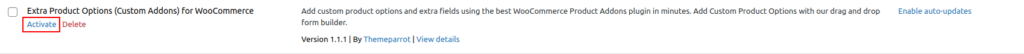 activation of the custom product addons free plugin