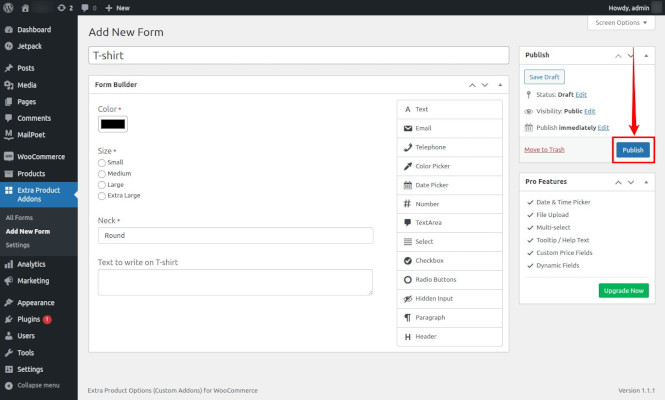 saving the custom product form  of extra product options plugin