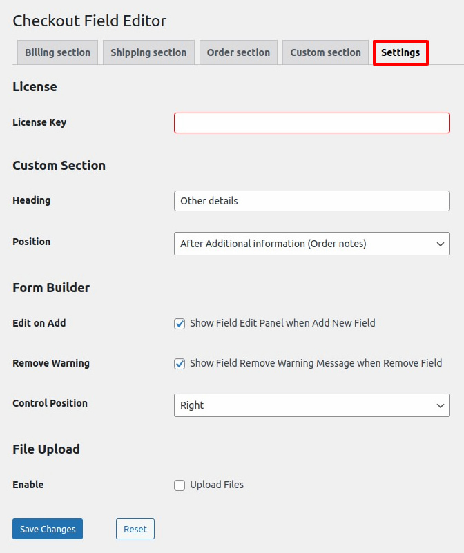 settings page of checkout field editor and manager plugin