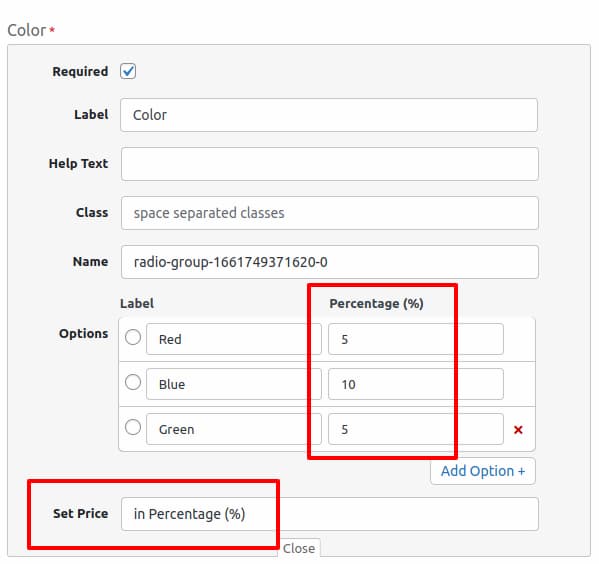 backend page contains set in percentage option