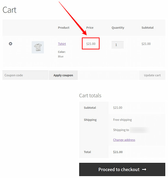 cart page contains set in price option