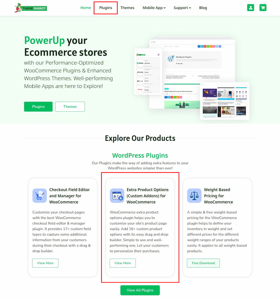 themeparrot site page of extra product options plugin