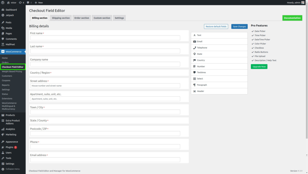 dashboard of free version of checkout field editor and manager plugin