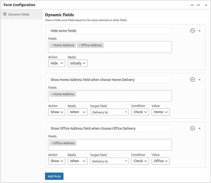 form configuration page contains rules