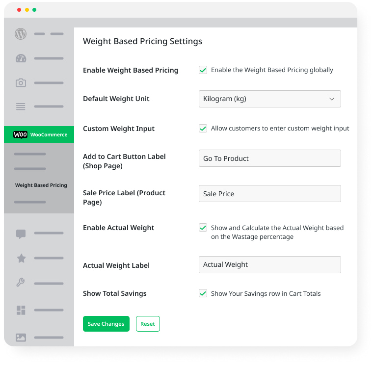 settings of woocommerce weight based pricing plugin