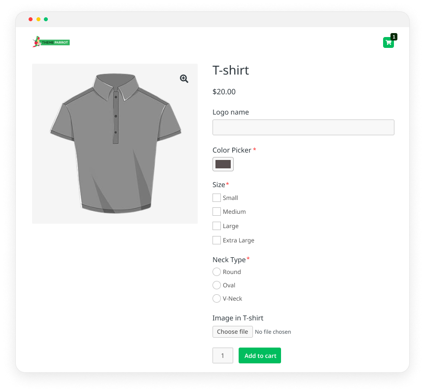 customized tshirt product page by product addons