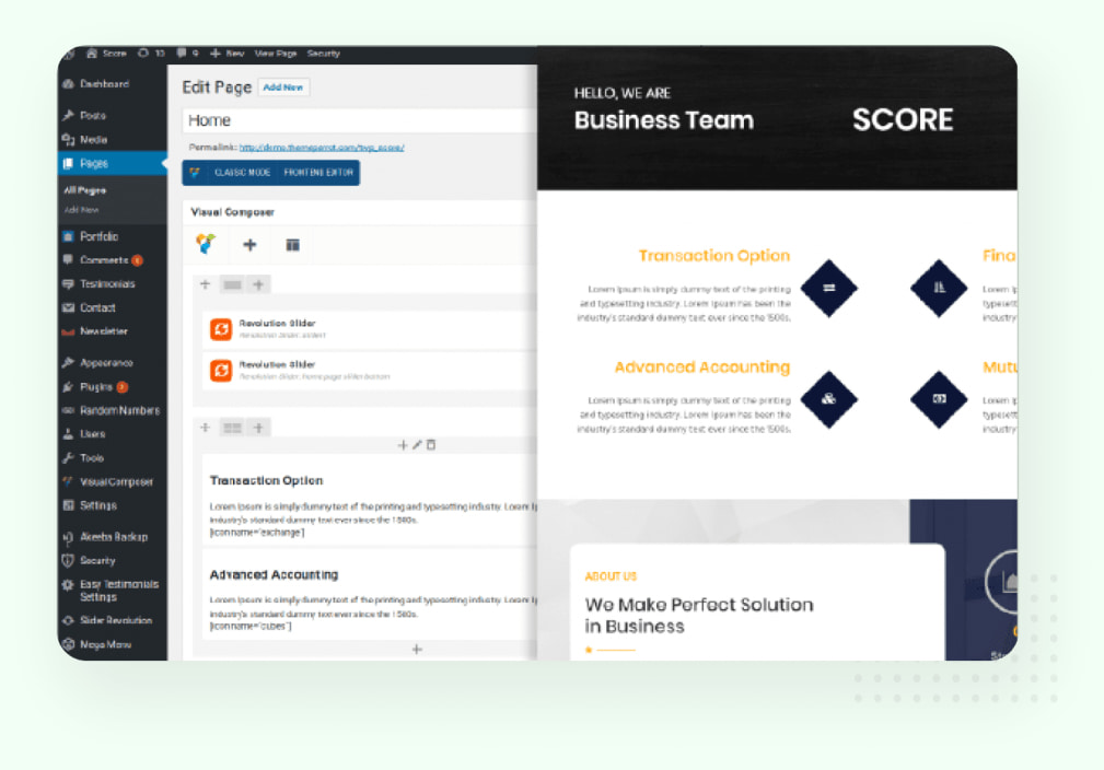 page builder integration feature of score wordpress theme