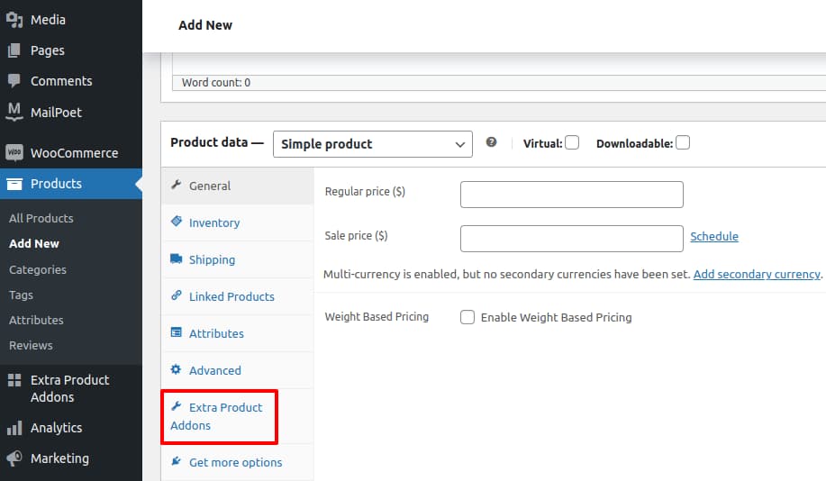 extra product addons option of woocommerce plugin