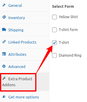 selecting a product form on extra product options custom addons woocommerce plugin