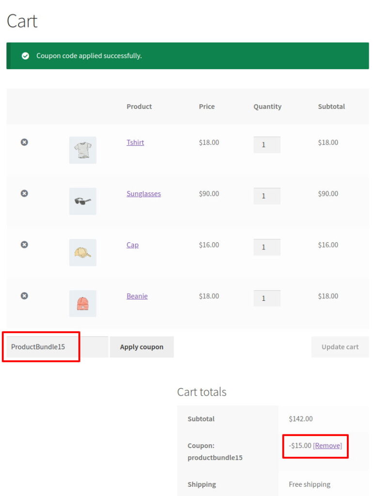 discount applied product bundles on woocommerce cart page
