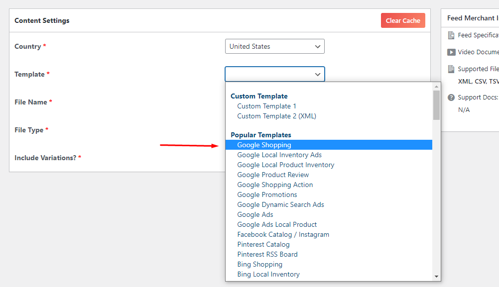 selecting the template option for google shopping